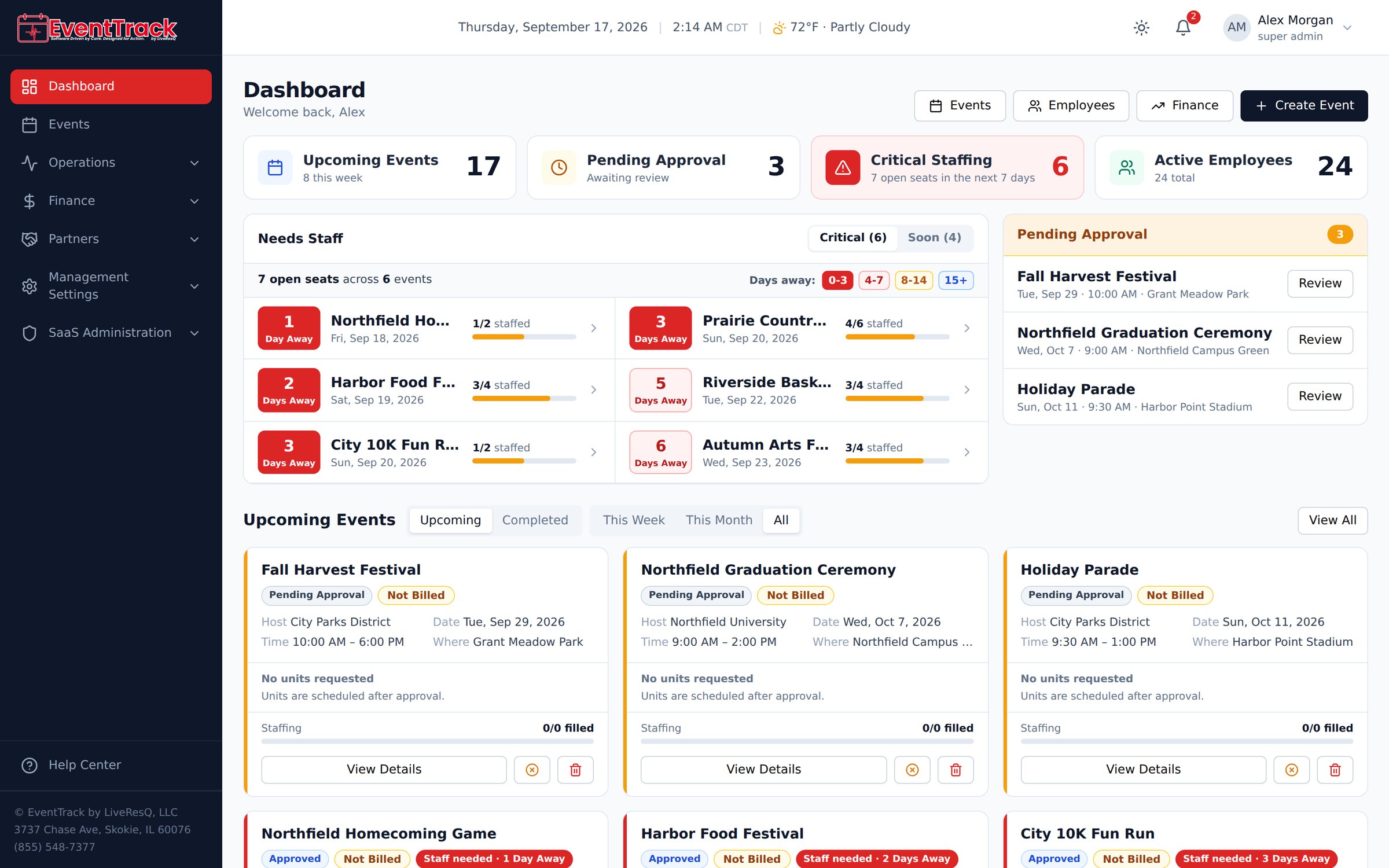 EventTrack dashboard with Needs Staff and Pending Approval